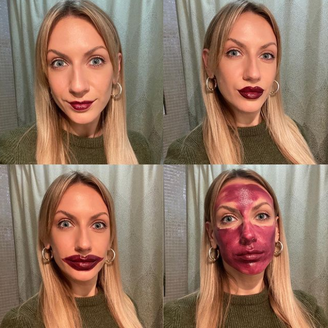 Леся Никитюк позировала со смешным макияжем: огромные губи и свекольный цвет лица