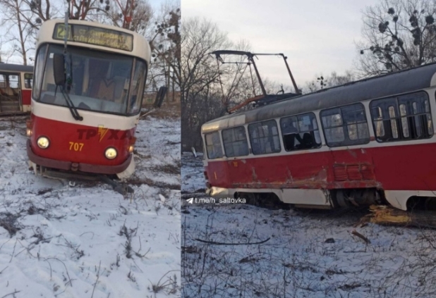 В Харькове трамвай сбил дерево и столб: пострадала девушка