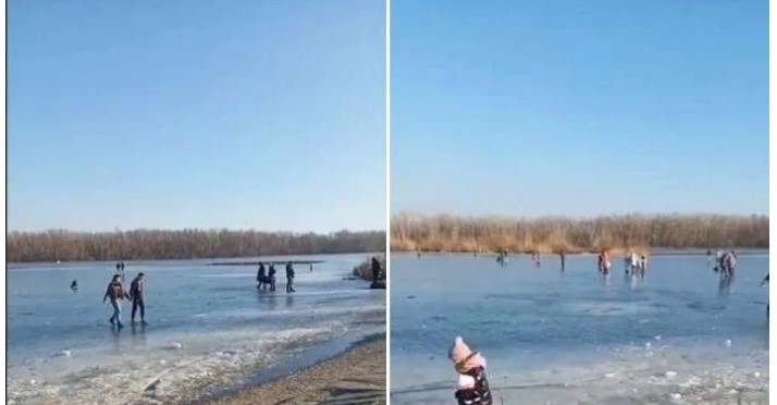 В Днепре горе-родители прогулялись с детьми по тающему льду (ВИДЕО)