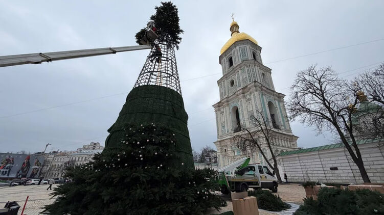 На Софийской площади в Киеве начали устанавливать новогоднюю ёлку