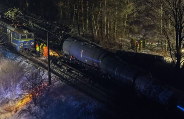 Под Варшавой сошел с рельсов грузовой поезд с дизелем, несколько цистерн перевернулись