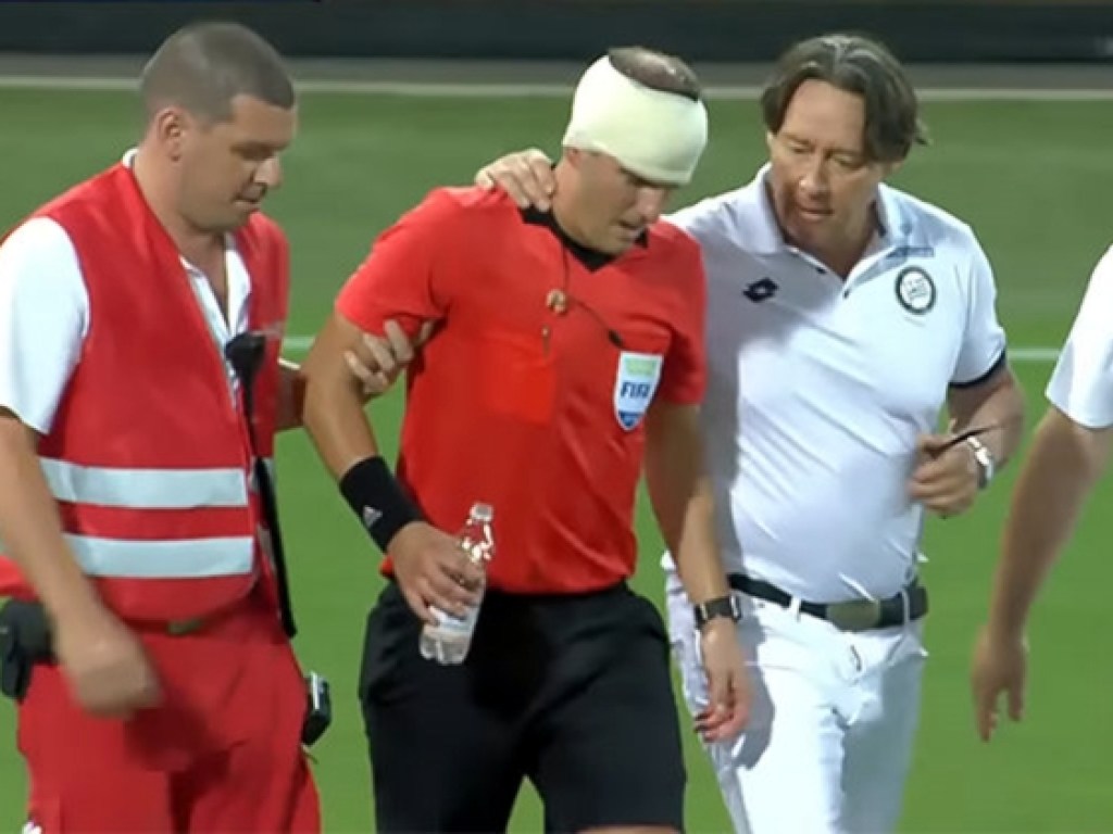 На матче Лиги Европы брошенный из трибуны бокал пива разбили голову судье (ФОТО, ВИДЕО)