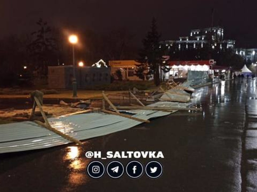 Из-за сильного ветра в Харькове на дорогу рухнуло дерево и упал забор (ФОТО)