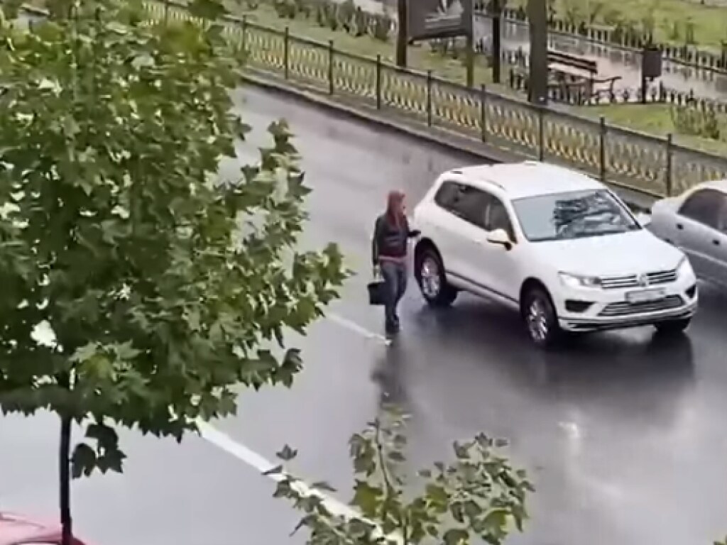 В центре Киева по оживленной дороге прогуливалась неадекватная женщина (ФОТО, ВИДЕО)
